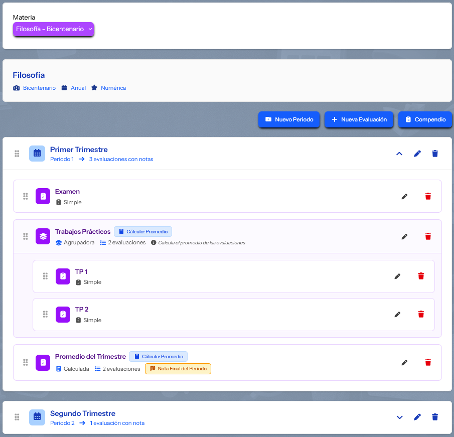 Creación de Evaluaciones agrupadas por periodos